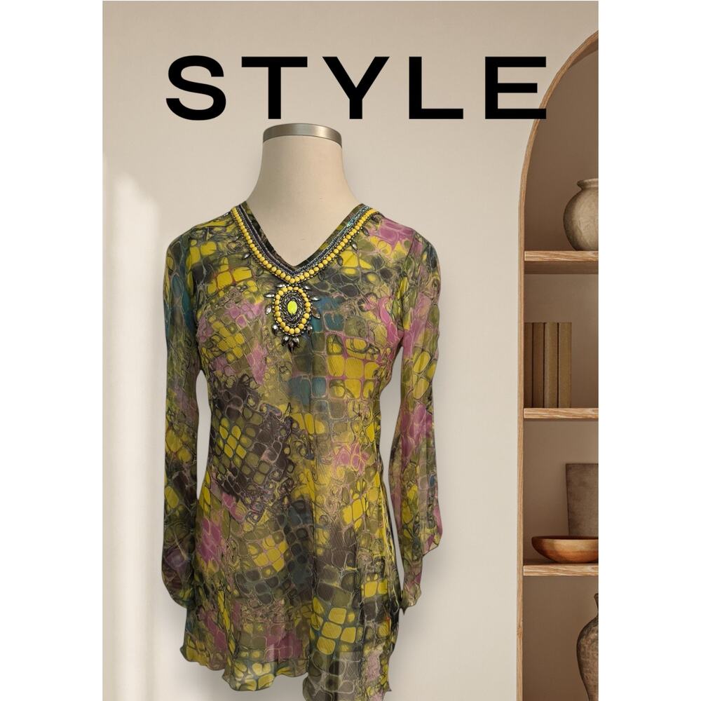 LaModa Boho Sheer Tunic Top‎ with Beaded Embellishment - Multicolor, Size 10